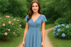 A girl wearing a dusty blue dress for wedding party